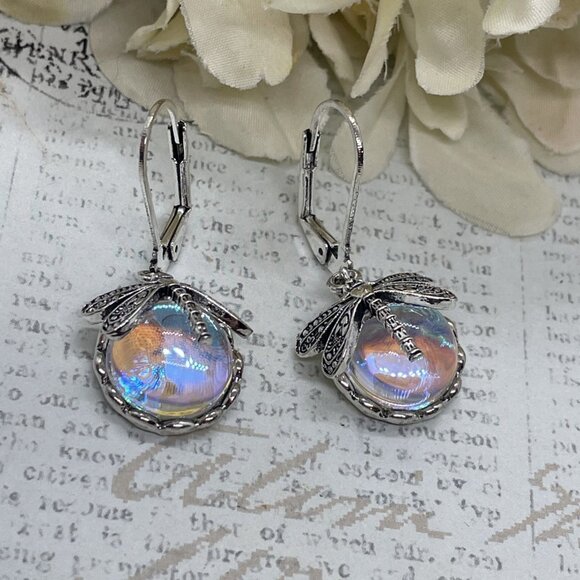 Silver plate Iridescent Dragonfly Wire Opal Earrings Fall Gift Mom Birthday Wife - Picture 3 of 16